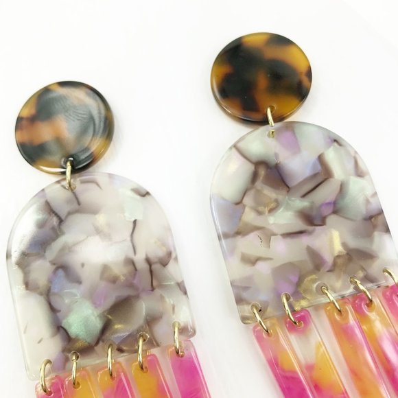 Gray Tab & Fringe Earrings w/ Pink & Yellow Fringe - Picture 4 of 7